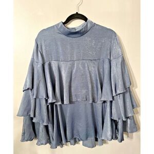 NWT Pebble & Stone Blouse Blue Ruffled‎ Top 3/4 Sleeves Size L